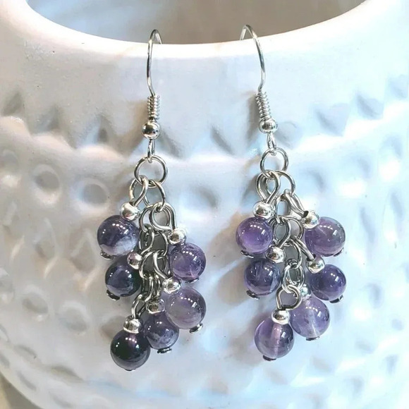 Handcrafted Amethyst Purple Gemstone Bead Dangle Silver Platinum Plated Earrings - Picture 2 of 10